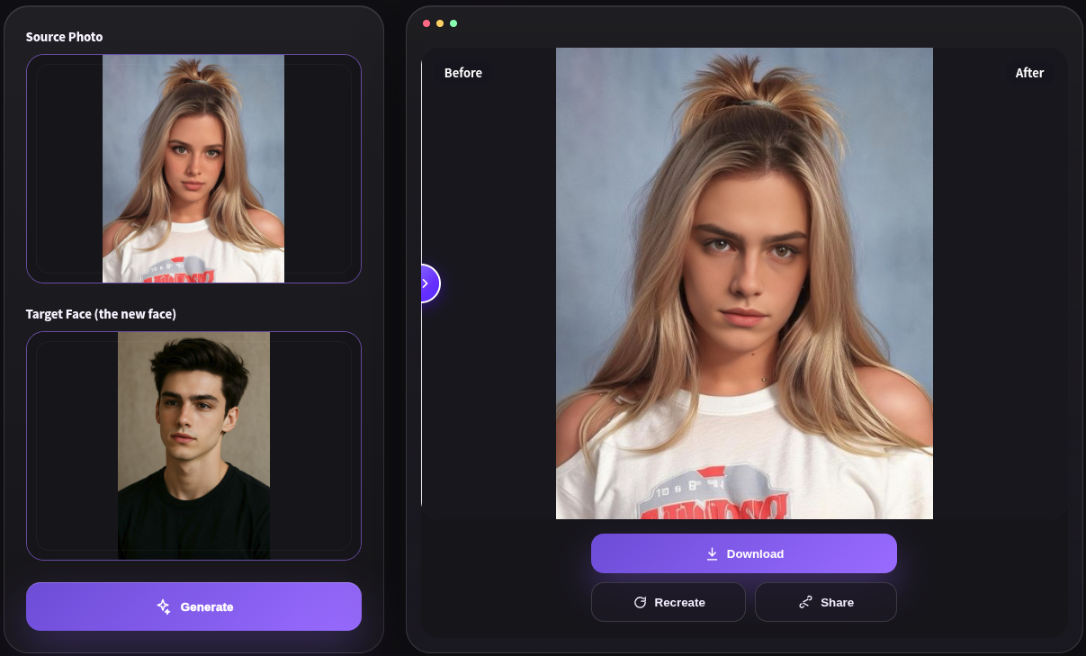 Portrait de face aux cheveux longs · EasyFaceSwap · capture du résultat de l’échange de visage