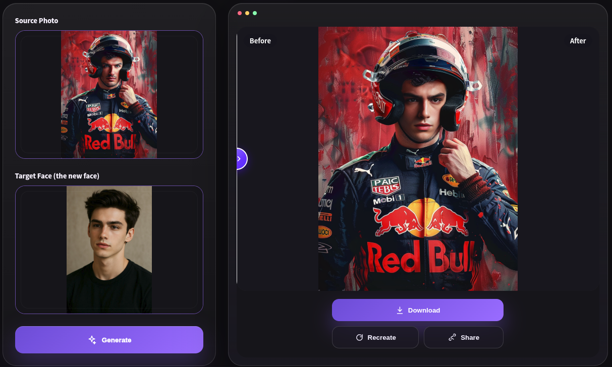 Portrait avec casque de course · EasyFaceSwap · capture du résultat de l’échange de visage