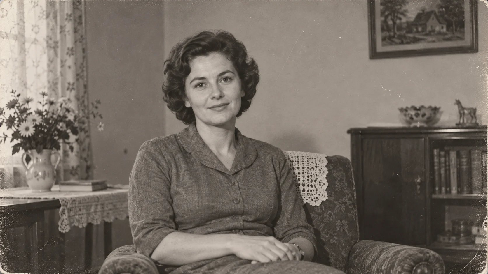 Schwarz-Weiß-Foto einer Frau in einem Sessel