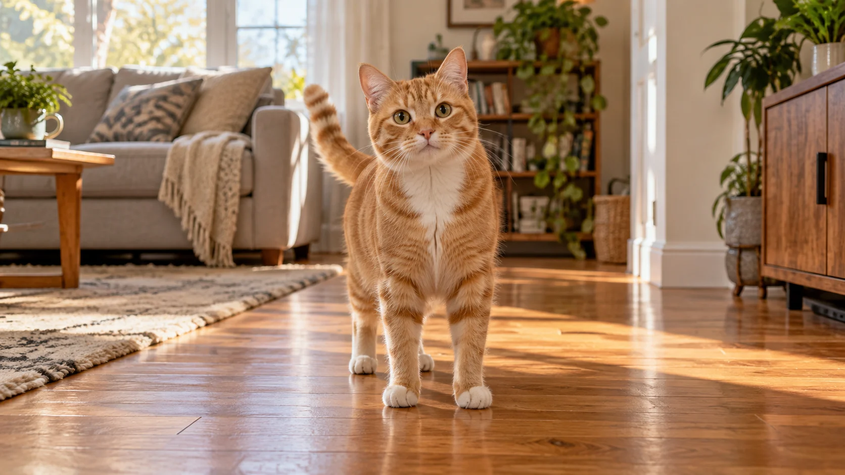 Orangefarbene Katze in einem sonnigen Wohnzimmer
