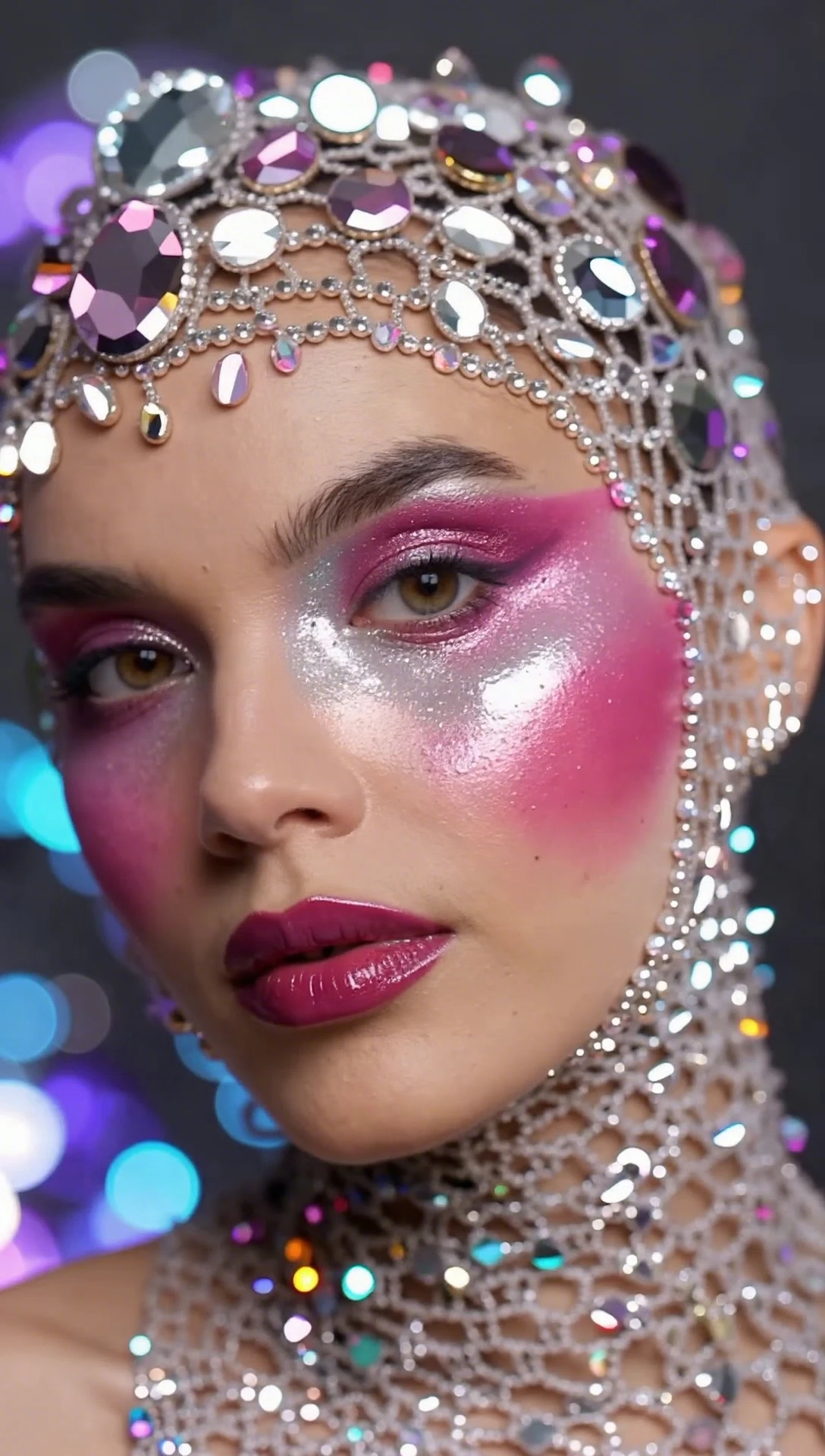Porträt mit rosa-silbernem Make-up und juwelenbesetztem Kopfschmuck