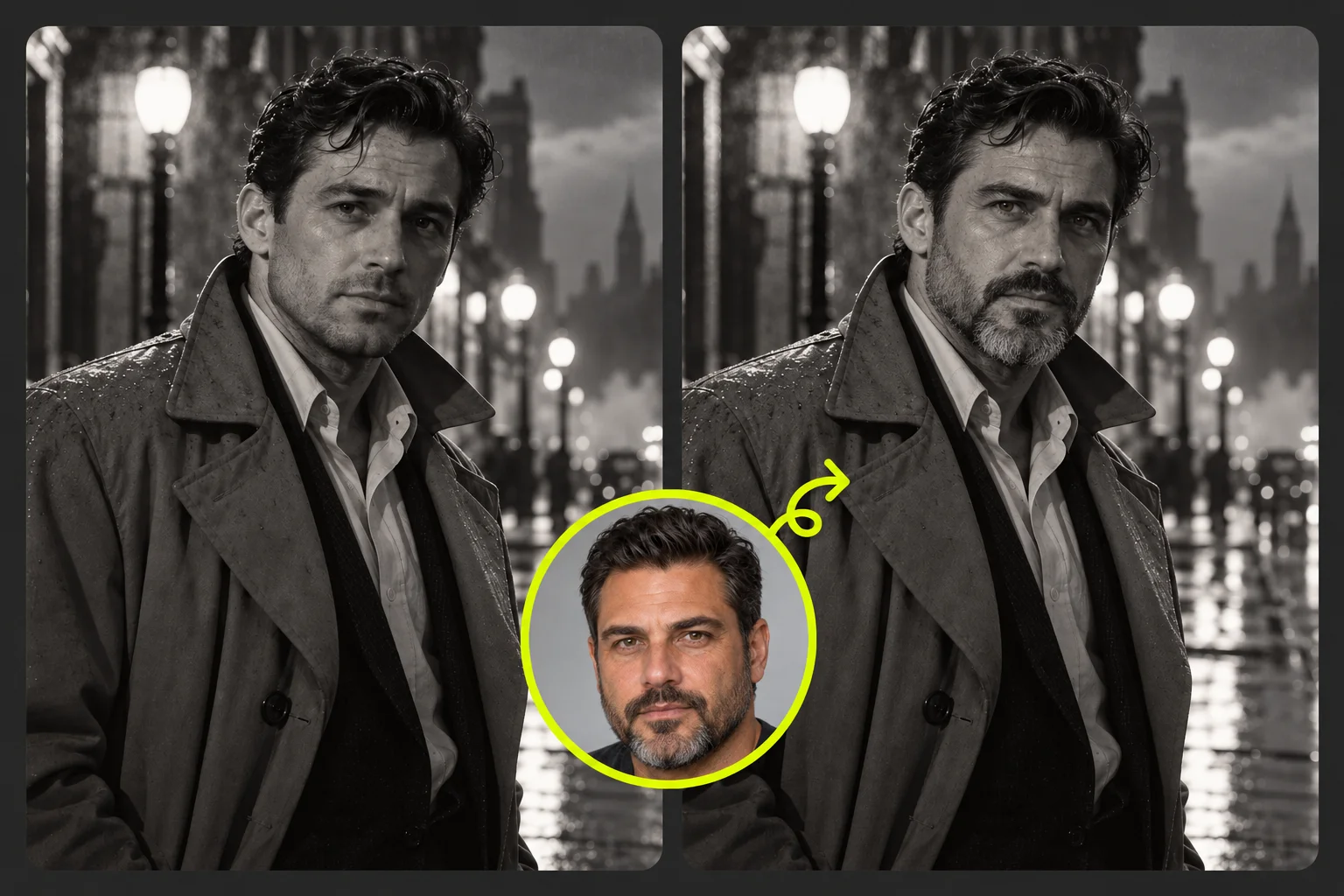 AI-generated noir detective face swap concept collage: original portrait on the left, edited portrait on the right, and a circular reference face below