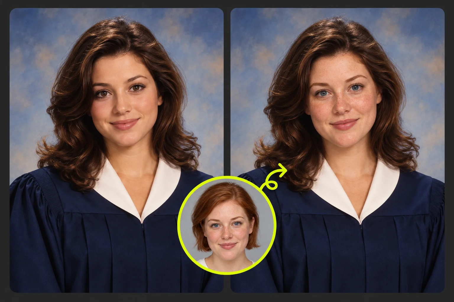 AI-generated retro graduation face swap concept collage: original portrait on the left, edited portrait on the right, and a circular reference face below