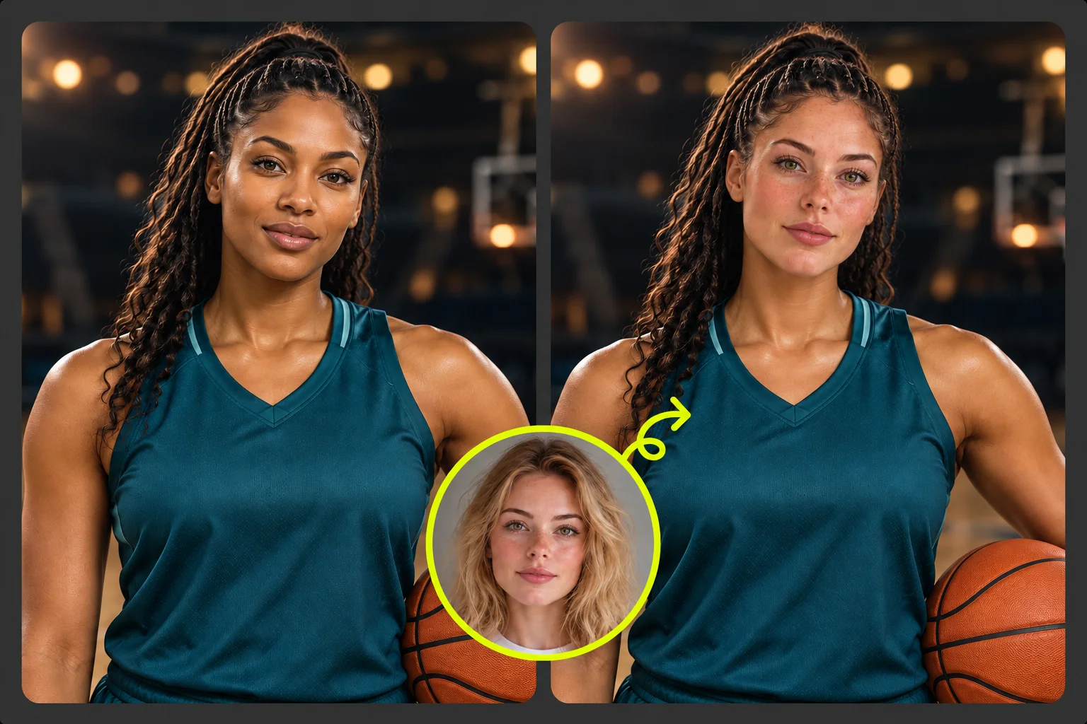 AI-generated basketball face swap concept collage: original portrait on the left, edited portrait on the right, and a circular reference face below