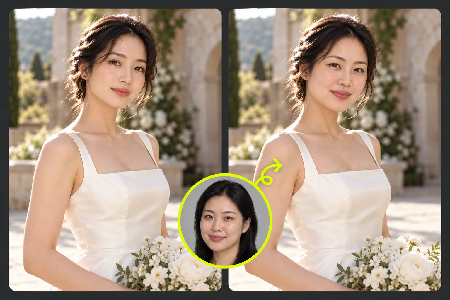 AI-generated wedding face swap concept collage: original portrait on the left, edited portrait on the right, and a circular reference face below