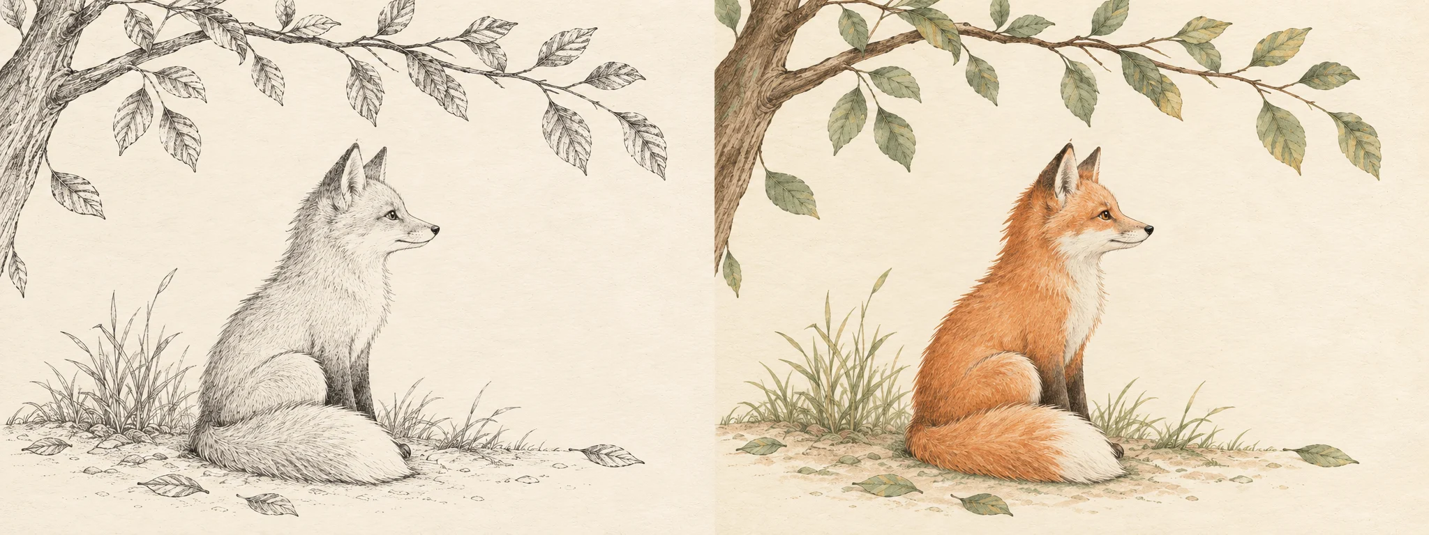 Vergleich einer Fuchszeichnung mit einer neu kolorierten Illustration.