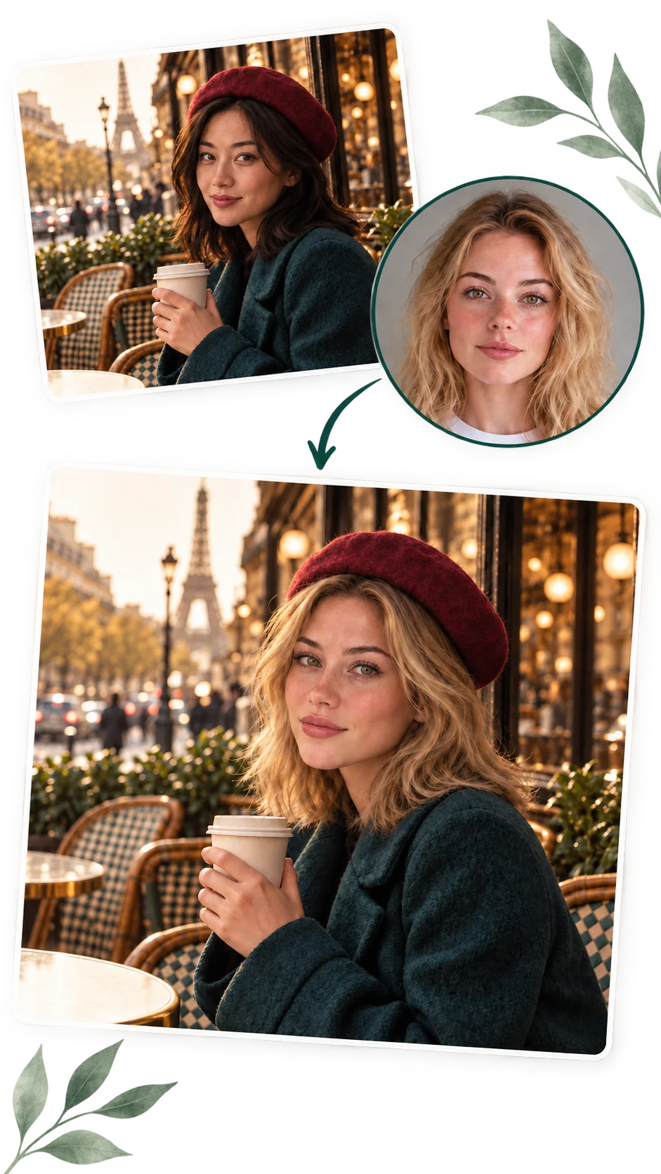 Photo face swap comparison of a woman at a Paris cafe with a circular reference portrait