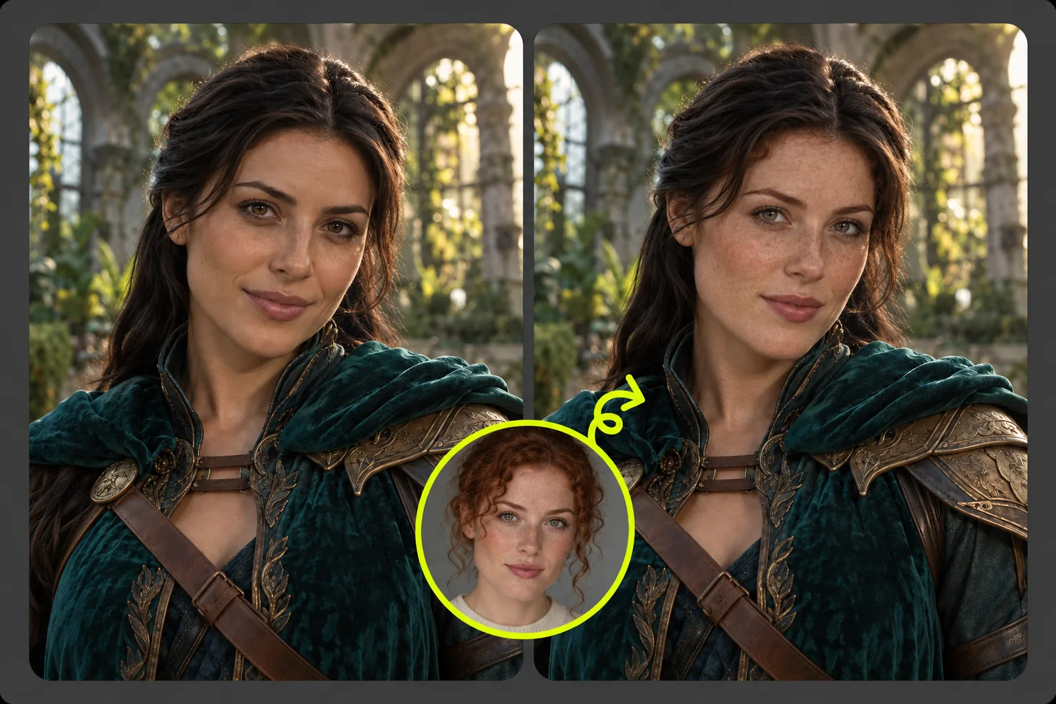 Cosplay face swap comparison with a reference portrait and an explorer in a teal cloak