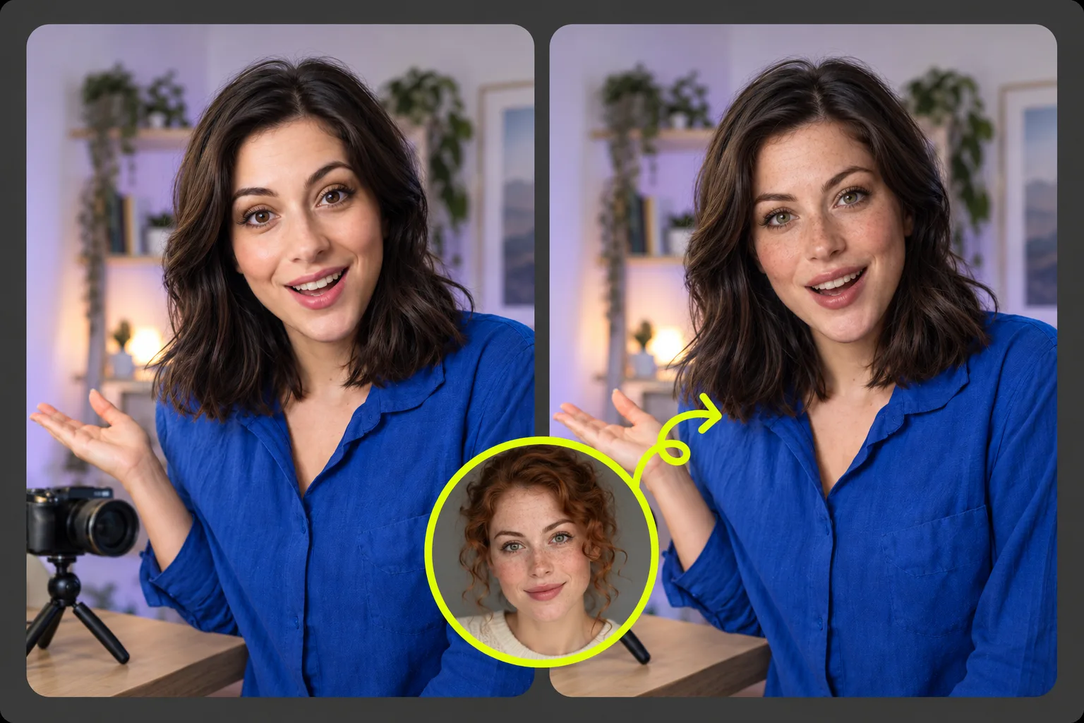 Creator thumbnail face swap comparison with a reference portrait and a blue-shirted presenter