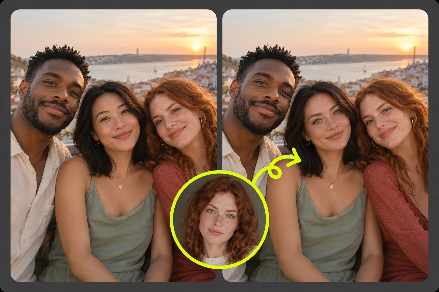 Group photo face swap comparison with a reference portrait and three friends in Lisbon