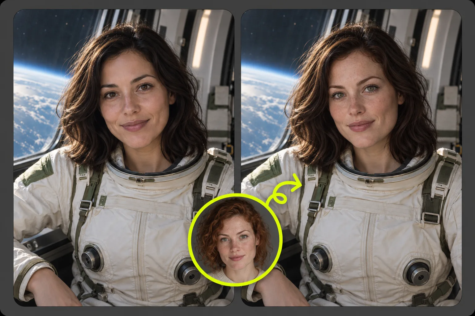 Astronaut face swap comparison with a reference portrait and Earth outside a space station