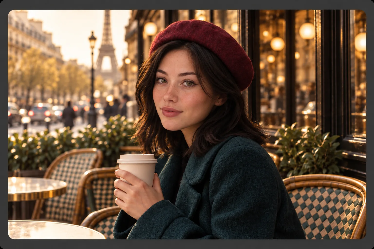 Finished cafe portrait with the reference face and the original outfit and background