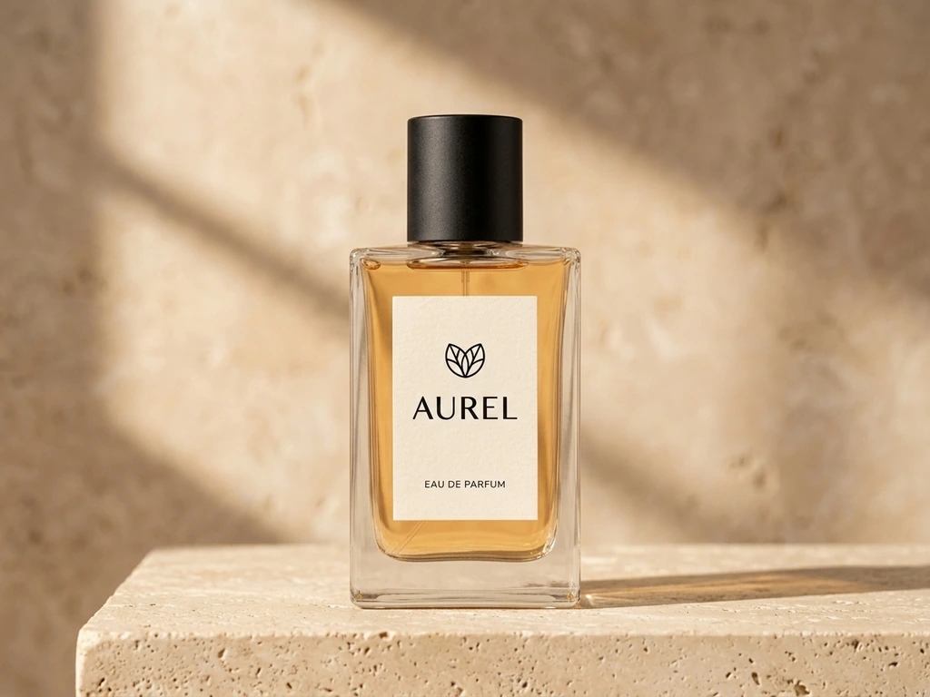 AUREL perfume bottle on sunlit travertine, generated with Nano Banana 2.1.